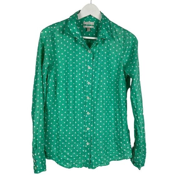 J Crew Perfect Shirt Size 2 Linen Button Down Polka Dot Green White - Picture 1 of 5